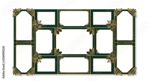 Ornate Frame Collage Template Green Gold Decorative Photo Album Layout
