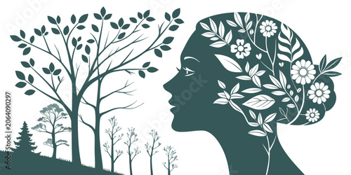 Silhouette of a woman profile with floral hair and forest landscape background silhouette landscape botanical environment illustration wellness