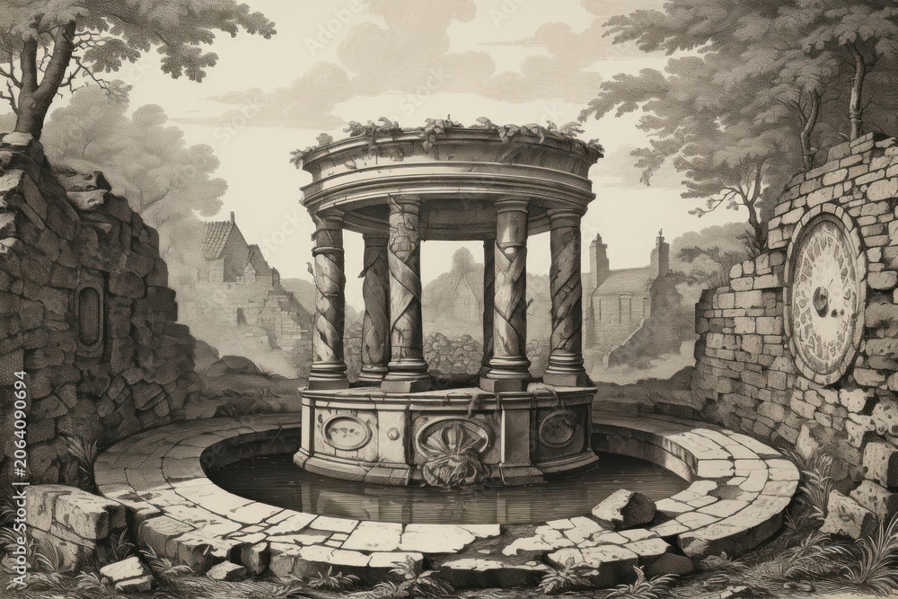 Naklejka premium Ancient well drawing illustrated painting.