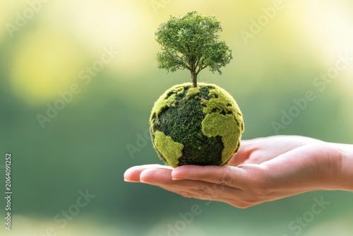 Eco Friendly Earth Globe With Plants Growing In Caring Hands