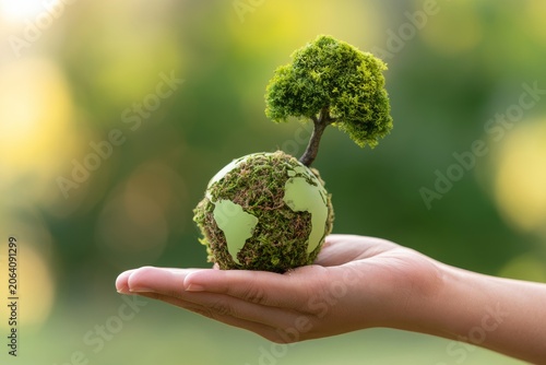 Eco Friendly Earth Globe With Plants Growing In Caring Hands