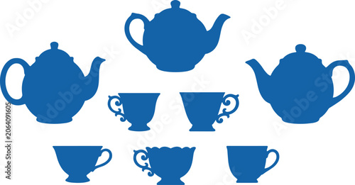 Bild auf Leinwand Set of blue teapot silhouettes and classic porcelain teacups for kitchen decor a