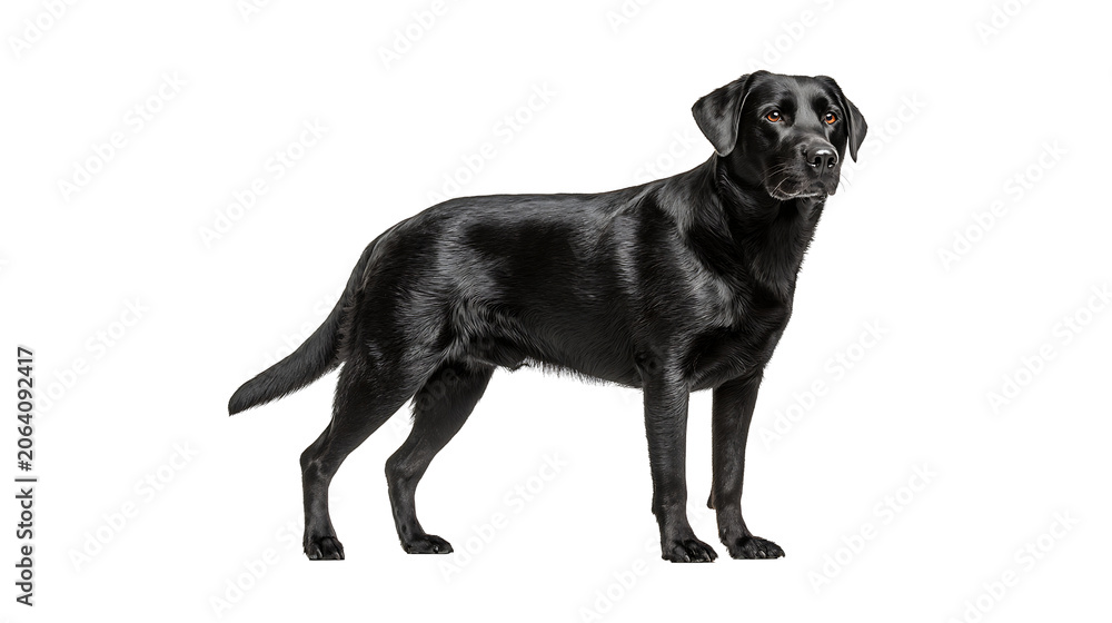Naklejka premium A side view of a black labrador retriever dog standing against a solid black background, showing its sleek dark coat and alert posture