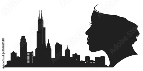 Foto Black silhouette of a woman profile next to a towering skyscraper city skyline w