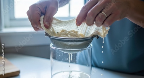 Straining Homemade Kefir with Cheesecloth Fermented Probiotic Milk Drink Preparation Process in Kitchen Gut Health Wellness Fermentation Dairy Making