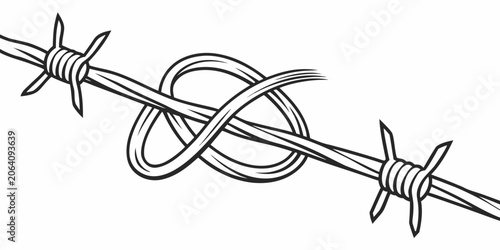 Vászonkép Black and white sketch of barbed wire featuring a simple knot security metallic