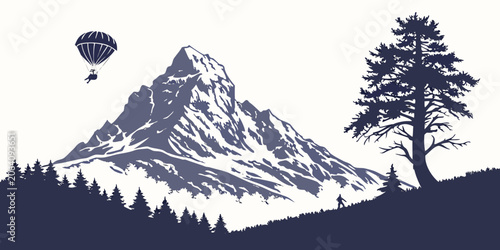 Quadro su tela Mountain landscape with paraglider silhouette and forest paragliding mountain ad