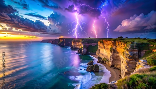 A dramatic seascape with a lightning storm over a rugged coastline at sunset (1)