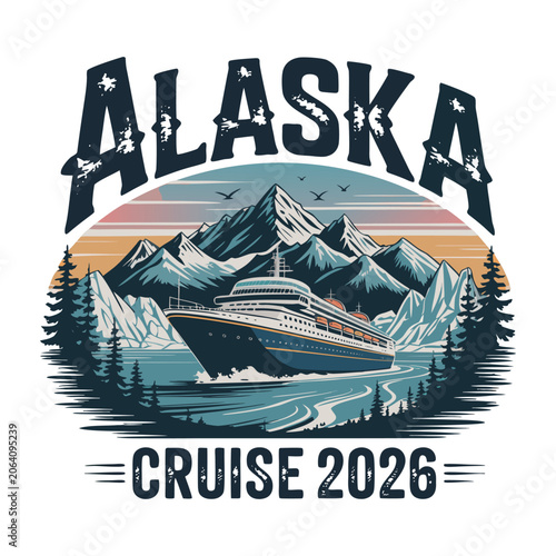 Alaska Cruise 2026 Vintage Travel Poster Ocean Mountain Ship Illustration