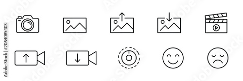 Modern media interface icons, camera photo gallery video upload download emoji outline vector set