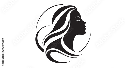 Bild auf Leinwand Minimal black female face silhouette surrounded by flowing geometric curves, pur