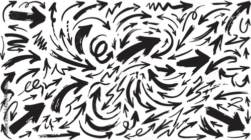 Canvastavla A chaotic composition of black arrows of different styles and sizes pointing in various directions on a pure white background, creating a dynamic visual effect