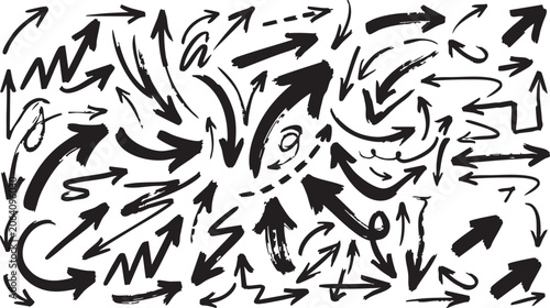 Foto A chaotic composition of black arrows of different styles and sizes pointing in various directions on a pure white background, creating a dynamic visual effect