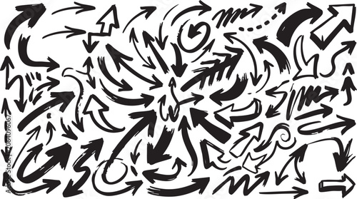 Schilderij op canvas A chaotic composition of black arrows of different styles and sizes pointing in various directions on a pure white background, creating a dynamic visual effect