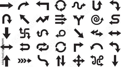 Fotografie A set of numerous black arrows with different shapes, sizes, and directions on a pure white background, showcasing various styles and designs