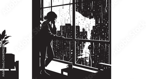 Tableau sur toile Rainy season silhouette of a woman standing near a window with raindrops, though