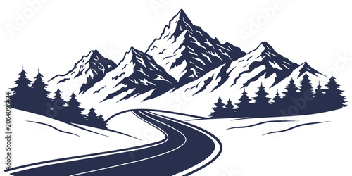 Konstfotografi Majestic mountain peaks and pine forest landscape with a curving highway graphic