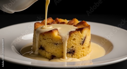 Elegant dessert presentation of golden brown bread pudding on dark background