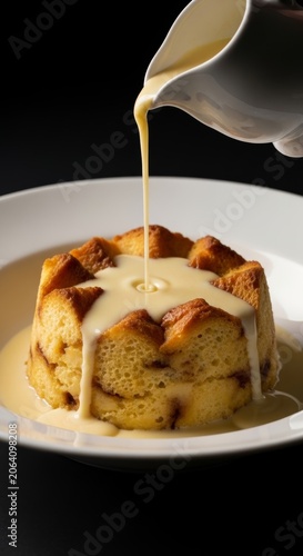 Delicious warm bread pudding cake served with rich custard glaze