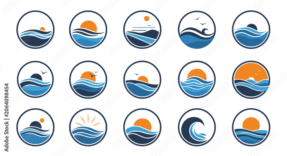 Fototapeta premium Set of circular minimalist logos depicting various ocean wave scenes with sunrises and sunsets in blue and orange.