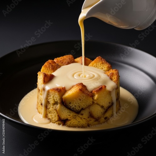 Pouring sweet cream sauce over a fresh baked bread pudding dessert