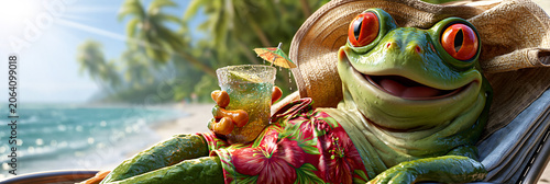 A Playful Green Tree Frog with Red Eyes Relaxes on a Tropical Beach Chair, Wearing Hawaiian Shorts and Sipping a Cocktail in a Surreal, Vibrant Summer Paradise. Generative Ai.