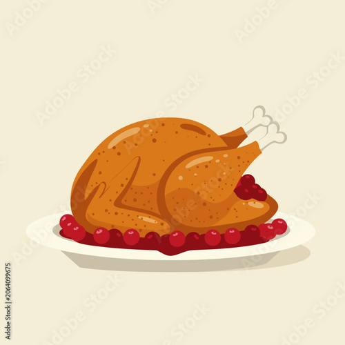 Whole Roasted Turkey on a Plate with Cranberries for Thanksgiving and Christmas Dinner, Vector Illustration