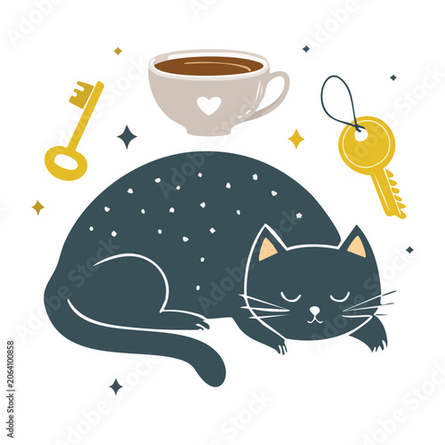 Sleeping black cat with coffee cup and keys illustration