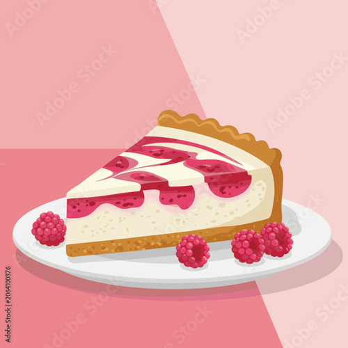 Delicious Slice of Raspberry Cheesecake with Fresh Berries on a Plate, Vector Illustration of Sweet Dessert