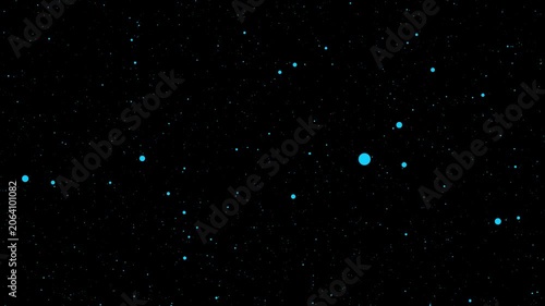 Abstract particles floating through space motion graphic background, small vibrant spheres moving dynamically in slow motion, mesmerizing cosmic journey through starry night sky.