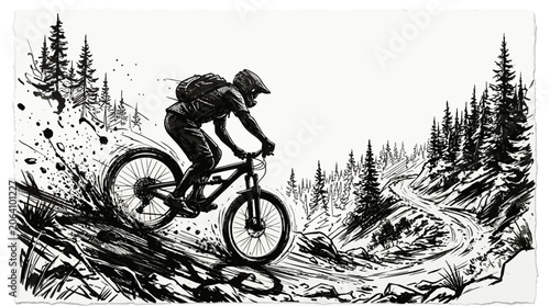Fotografija Dynamic mountain biker descending a rugged forest trail with speed
