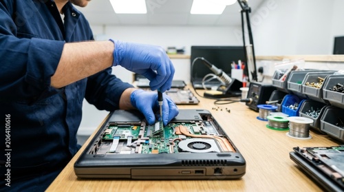 Technician repairing a laptop on a workbench using a screwdriver. Computer service and hardware maintenance concept with tools and components