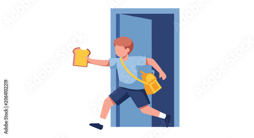 A young student rushing out the door holding a piece of toast to start the day represents the excited and busy feeling of going back to school activities
