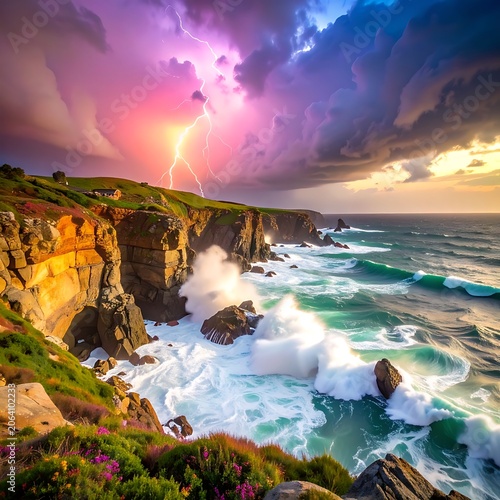 A dramatic seascape with a lightning storm over cliffs and ocean (1)