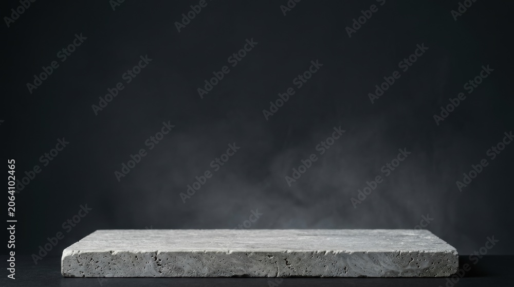 Obraz premium Gray concrete stone podium or display platform on dark background with smoke or fog effect ideal for product photography and advertising