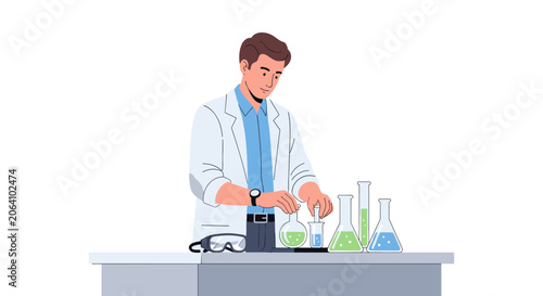 Male scientist conducting chemical experiments in laboratory for back to school education concept featuring professional lab glassware and bright vector flat style