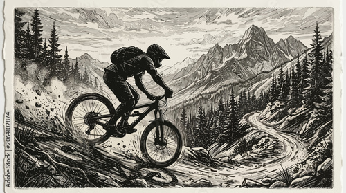 Mountain Biker Descending a Winding Trail in a Dynamic Landscape.