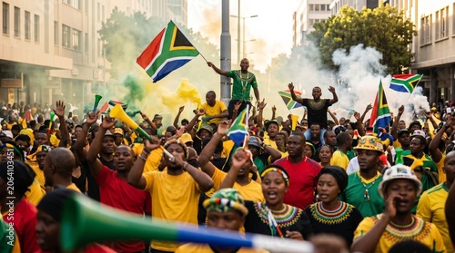 South African crowd celebrating with flags and vuvuzelas in street
