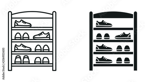 Shoe rack storage furniture outline and solid vector icon set for home organization and retail display concepts