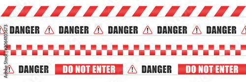 Realistic Danger tape vector set. Isolated danger tapes seamless pattern on white background. Red, black and white stripes ribbons safety concept. Do not enter barrier lines. Vector illustration.