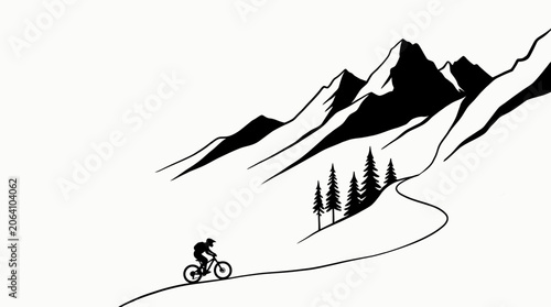Mountain Biker on Winding Trail with Pine Trees and Majestic Peaks.