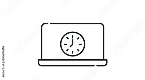 Laptop time management icon: portable notebook computer displaying clock symbol on screen, minimalist black line art vector illustration for time tracking.