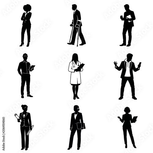 Diverse silhouettes representing various professions and activities, showcasing individuality and career paths.