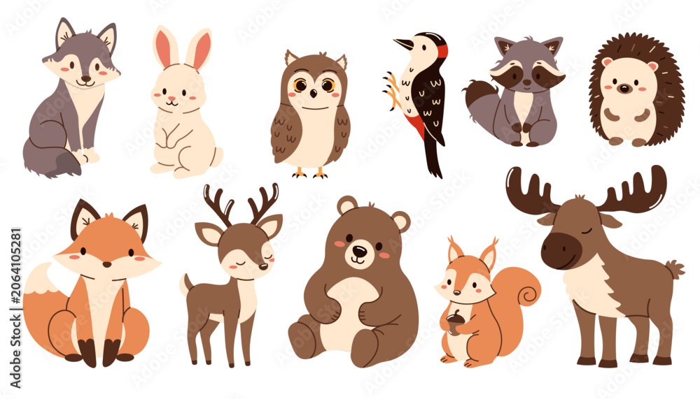 Fototapeta premium Cute cartoon woodland animal collection including bear, fox, deer, owl and others. Flat style illustration isolated on white background, perfect for kids design.