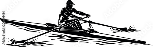 Tableau sur toile Rowing athlete in a scull boat on water a dynamic black silhouette