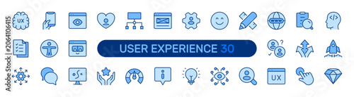 User Experience filled icon set. UX, Interface Design, Interaction, Usability, Thinking, Process concept. Blue minimal vector icons collection.