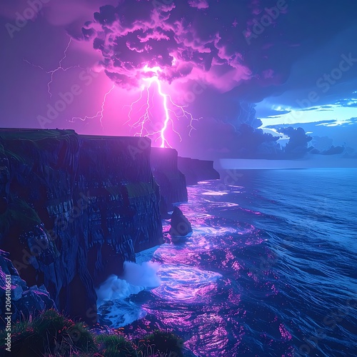 A dramatic seascape with a lightning storm over rugged cliffs (11)