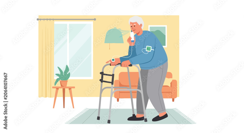 Fototapeta premium Elderly person using inhaler and walker in home environment, health concept