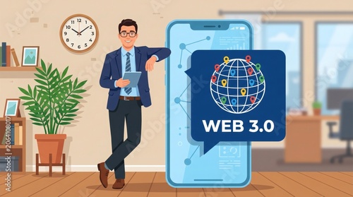 Man in Office Leaning on Smartphone Displaying Web 3.0 Globe Icon.