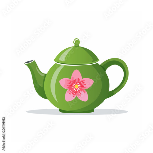 Green teapot with pink flower illustration
